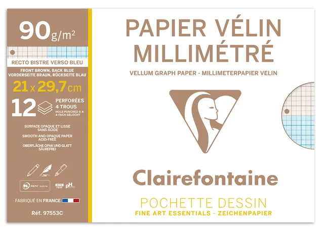 clairefontaine-97553c-millimeterpapier-a4-90g-12-bogen-4-fach-gelocht-wei image 1