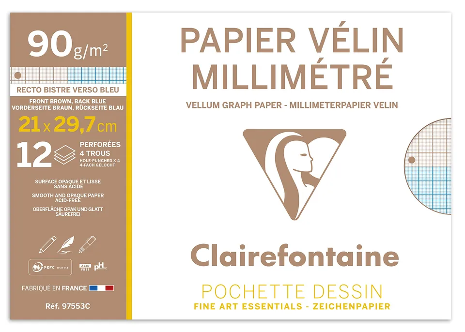 clairefontaine-97553c-millimeterpapier-a4-90g-12-bogen-4-fach-gelocht-wei image 1
