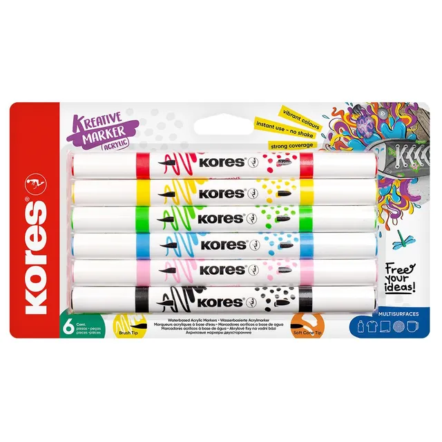 kores-kreative-marker-acryl-duo-tip-set-acrylmarker-6-farben-mit-pinsel-und-kege image 1