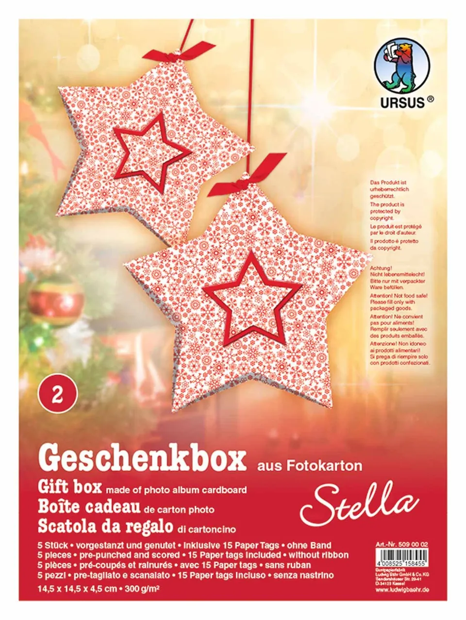 ursus-5090002-geschenkbox-stella-schneestern-rot-5-boxen-aus-fotokarton-15-tags image 1
