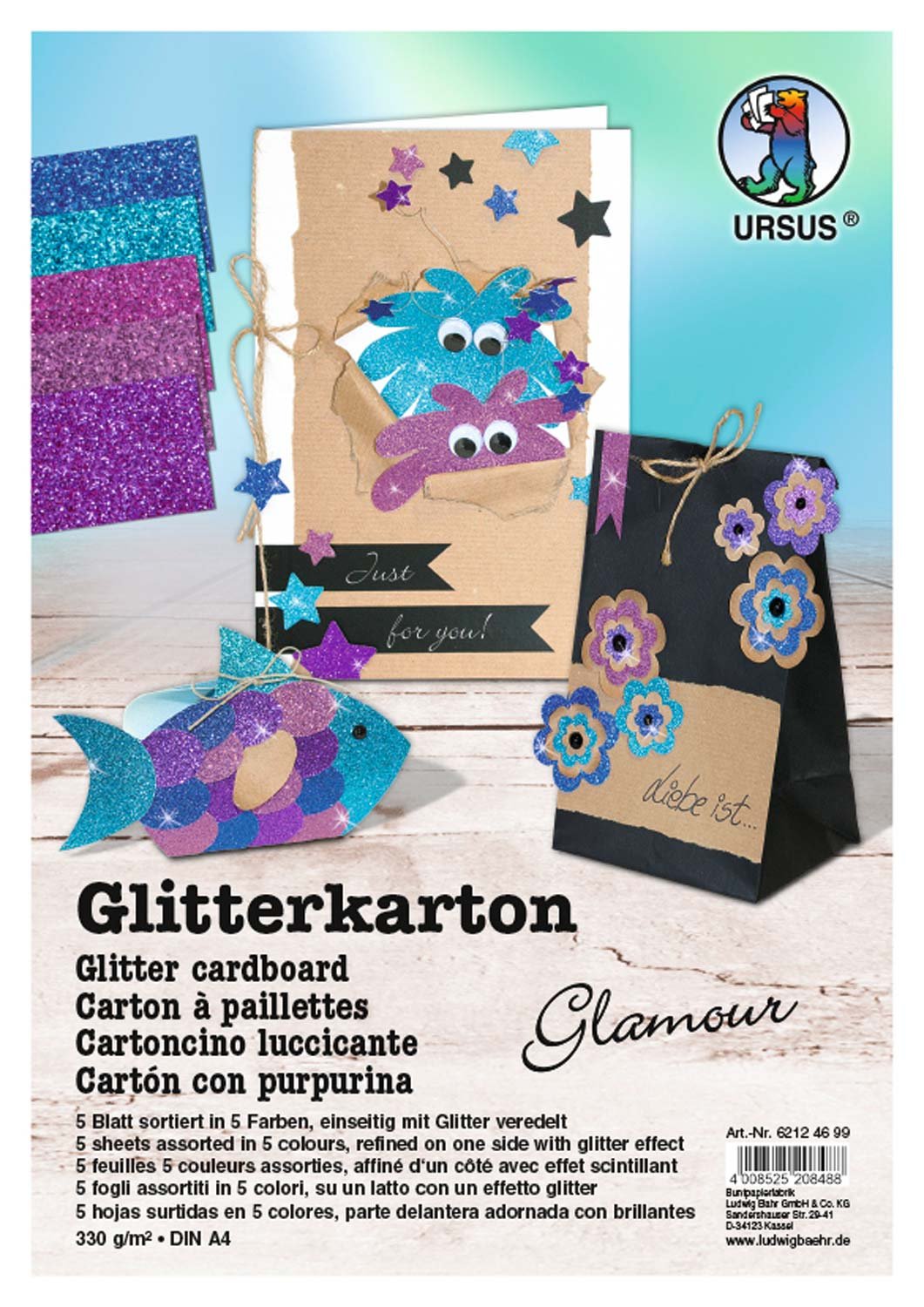 ursus-glitterkarton-glamour-din-a4-330-g-qm-5-blatt-5-farben image 1