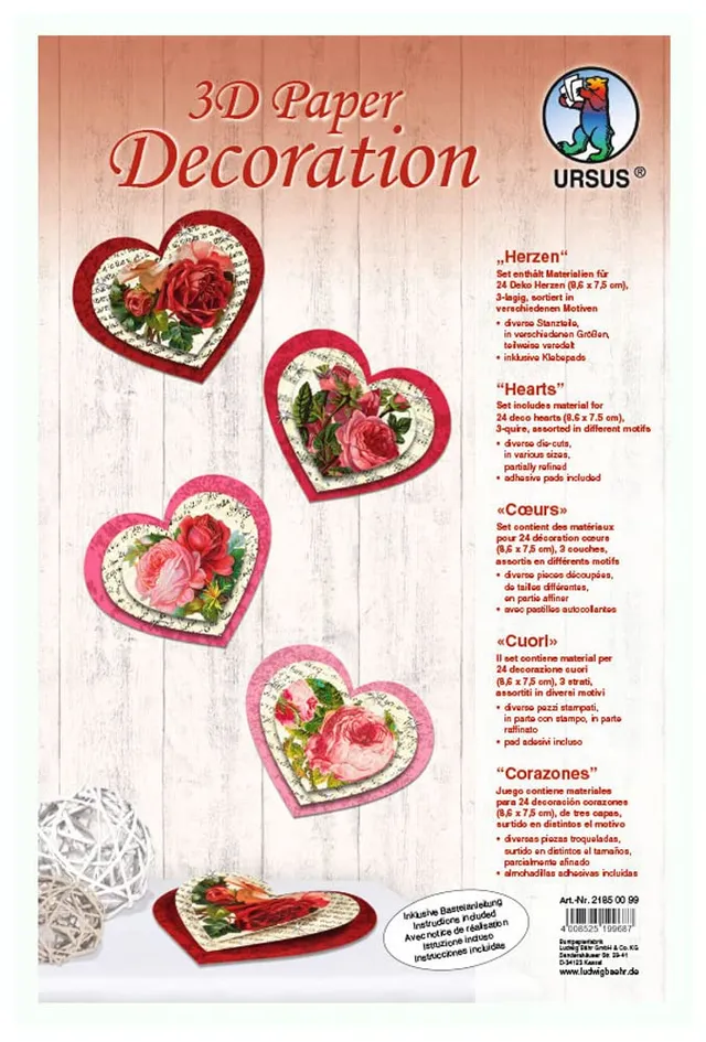 ursus-3d-paper-dekoration-herzen-rosa-rot-24-herzen image 1