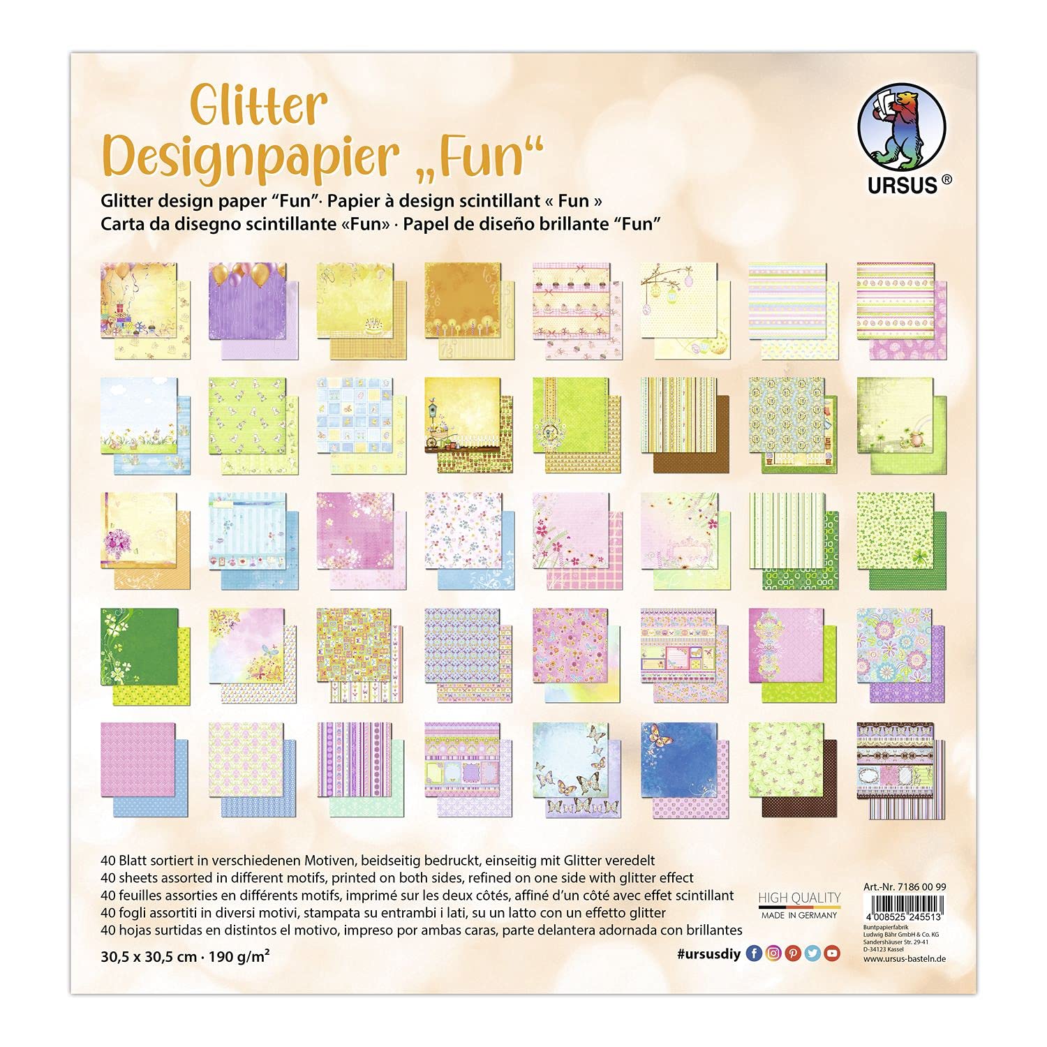 ursus-71860099-glitter-design-papier-fun-40-blatt-30-5-x-30-5-cm-190-g-m-beidsei image 1
