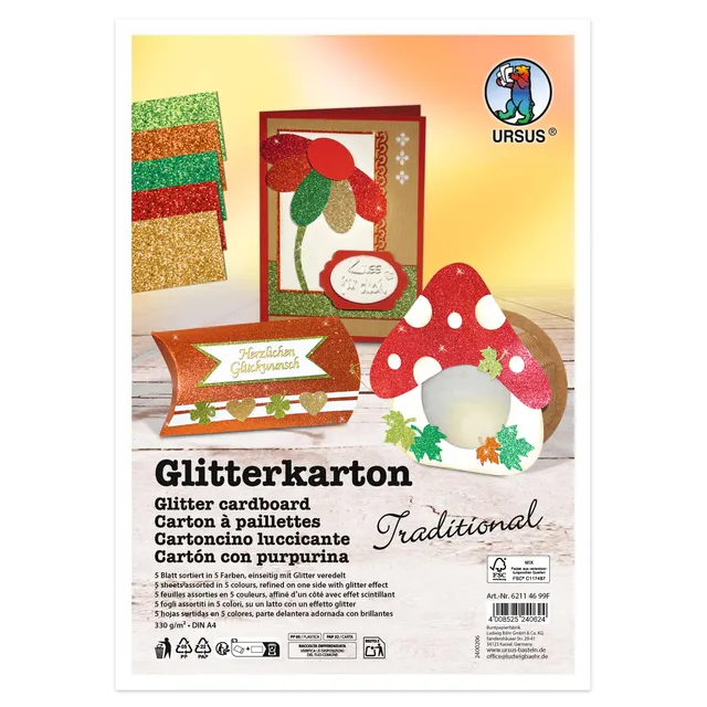 ursus-glitterkarton-traditional-6211-46-99f-din-a4-330-g-m-5-blatt-5-farben image 1