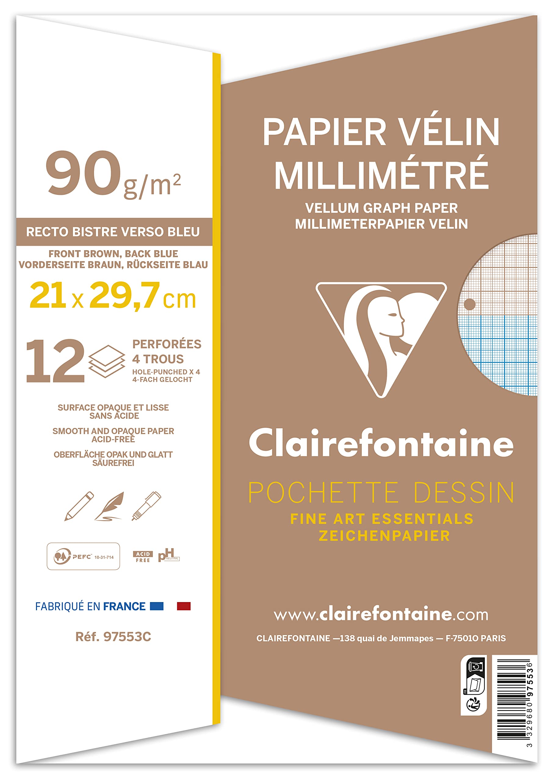 clairefontaine-97553c-millimeterpapier-a4-90g-12-bogen-4-fach-gelocht-wei image 2