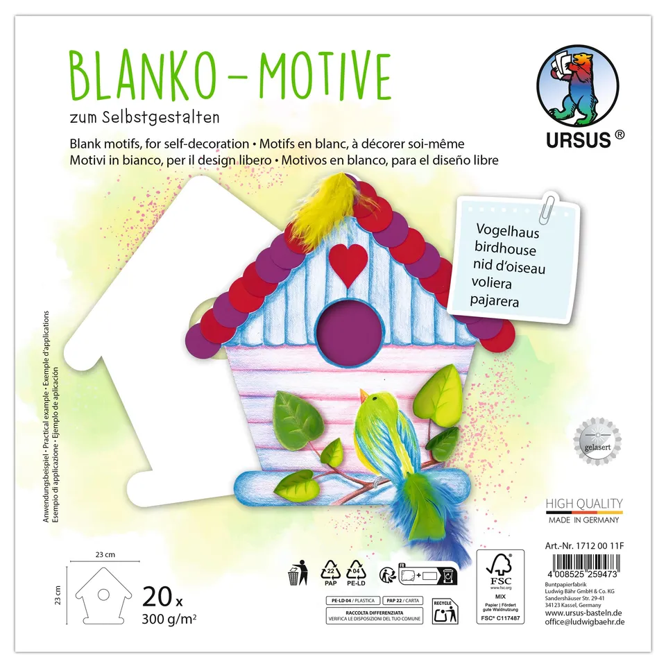 ursus-1712-00-11f-blanko-motive-vogelhaus-20-st-ck-fotokarton-300-g-m-23-x-23-cm image 1