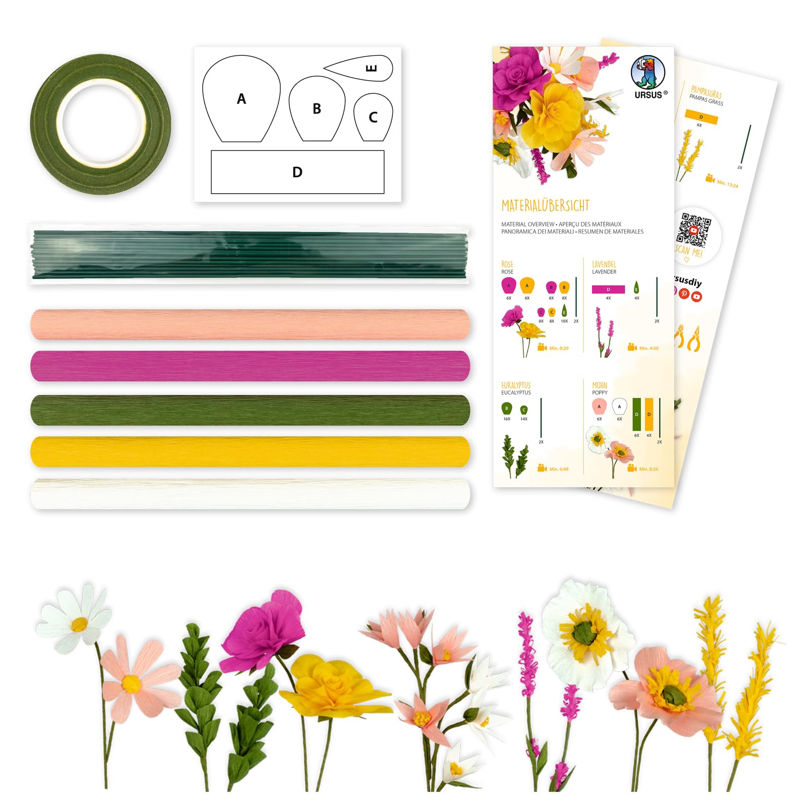 ursus-27030001f-diy-set-blumen-gelb-aus-krepppapier-rose-lavendel-mohn image 2