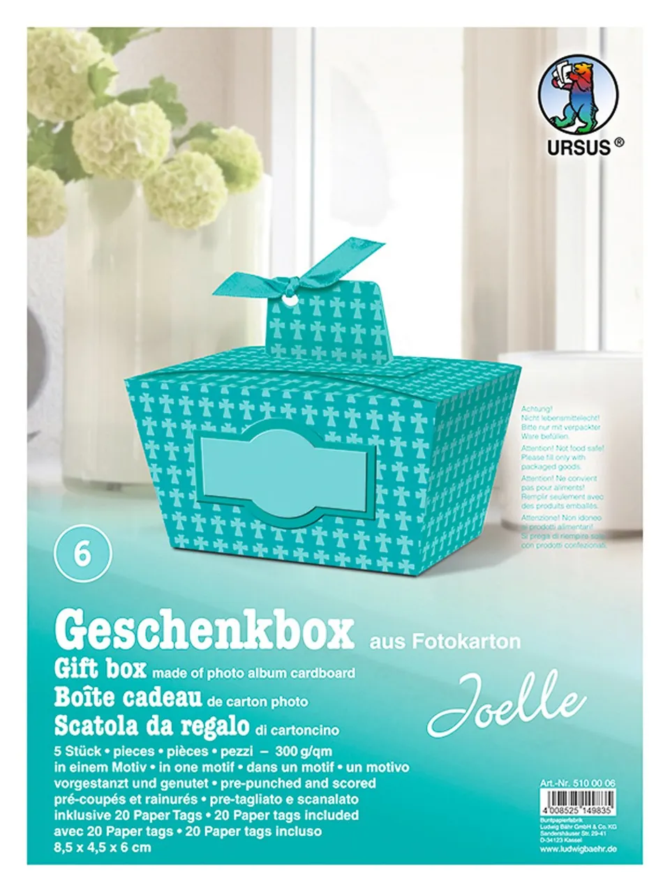 ursus-joelle-geschenkbox-kreuz-t-rkis-5-st-ck-mit-paper-tags image 1