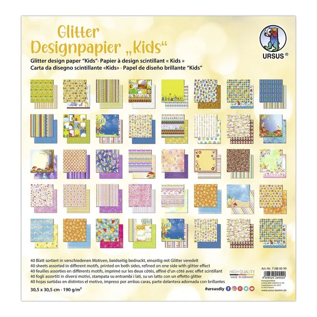 ursus-71880099-glitter-design-papier-kids-40-blatt-30-5-x-30-5-cm-190-g-m-beidse image 1