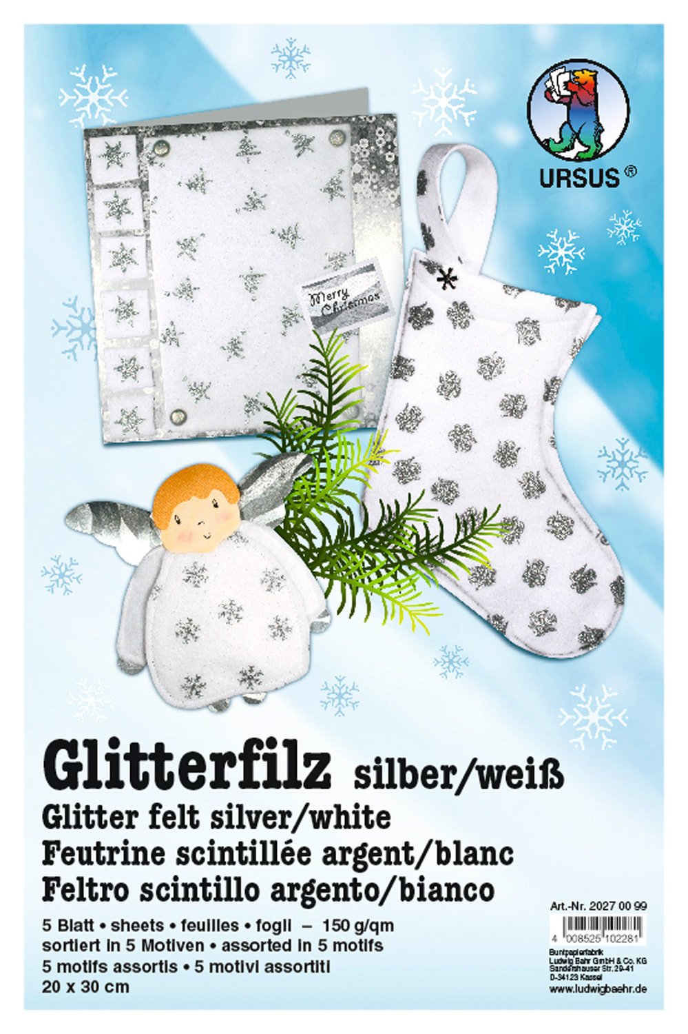 ursus-20270099-glitter-filz-silber-wei-20-x-30-cm-5-bogen image 1