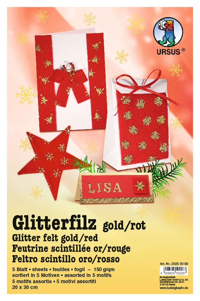 ursus-glitter-filz-gold-rot-20-x-30-cm-150-g-qm-5-bogen image 1