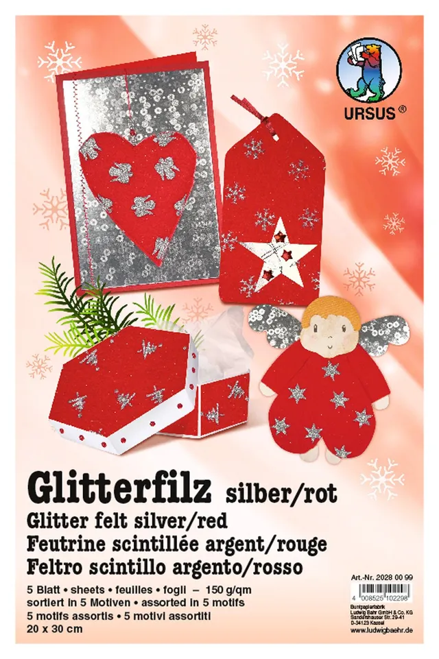 ursus-glitter-filz-silber-rot-20-x-30-cm-150-g-qm-5-bogen-in-5-motiven image 1