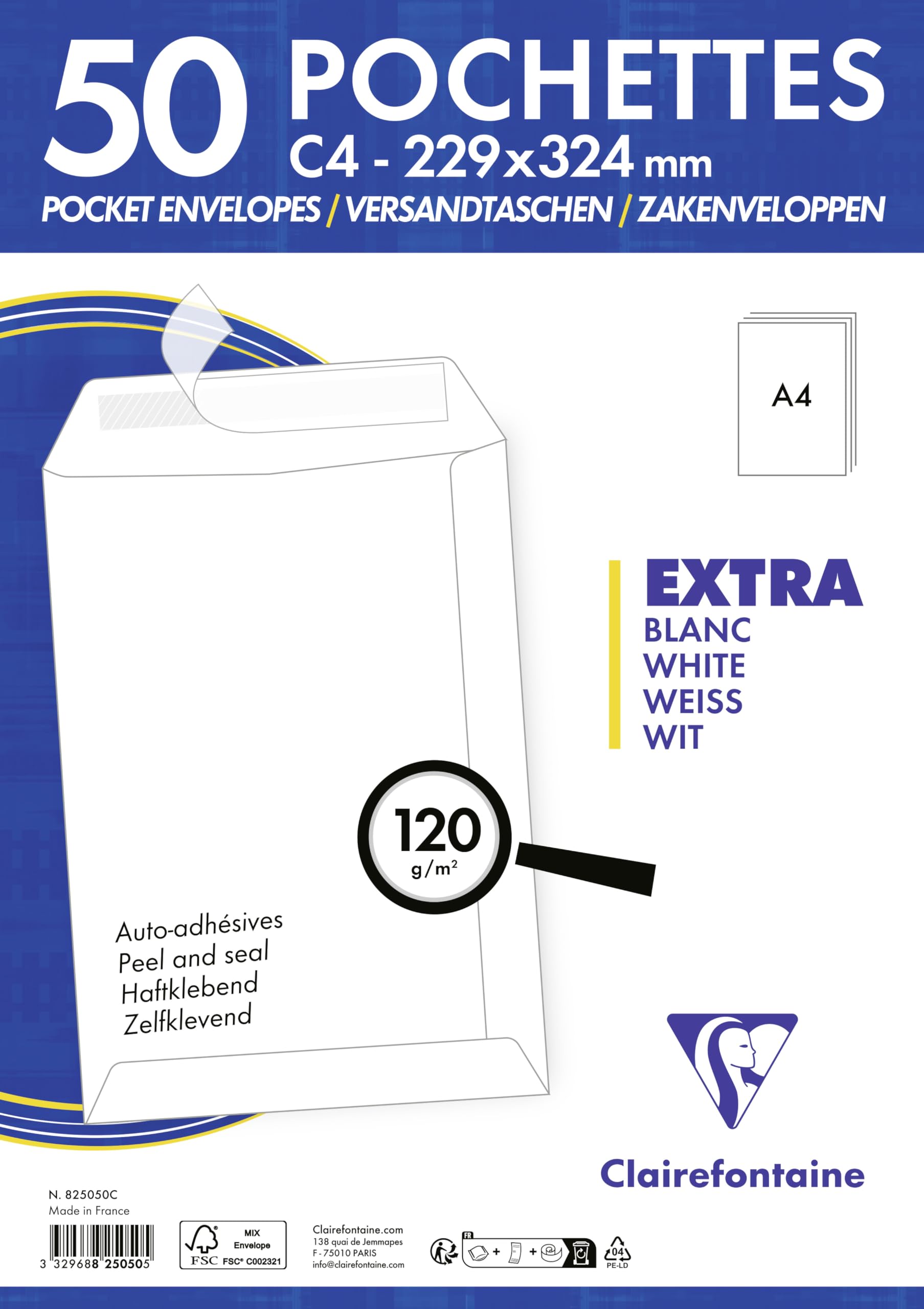 clairefontaine-825050c-versandtaschen-c4-229-x-324-mm-wei-selbstklebend-120g-50- image 3
