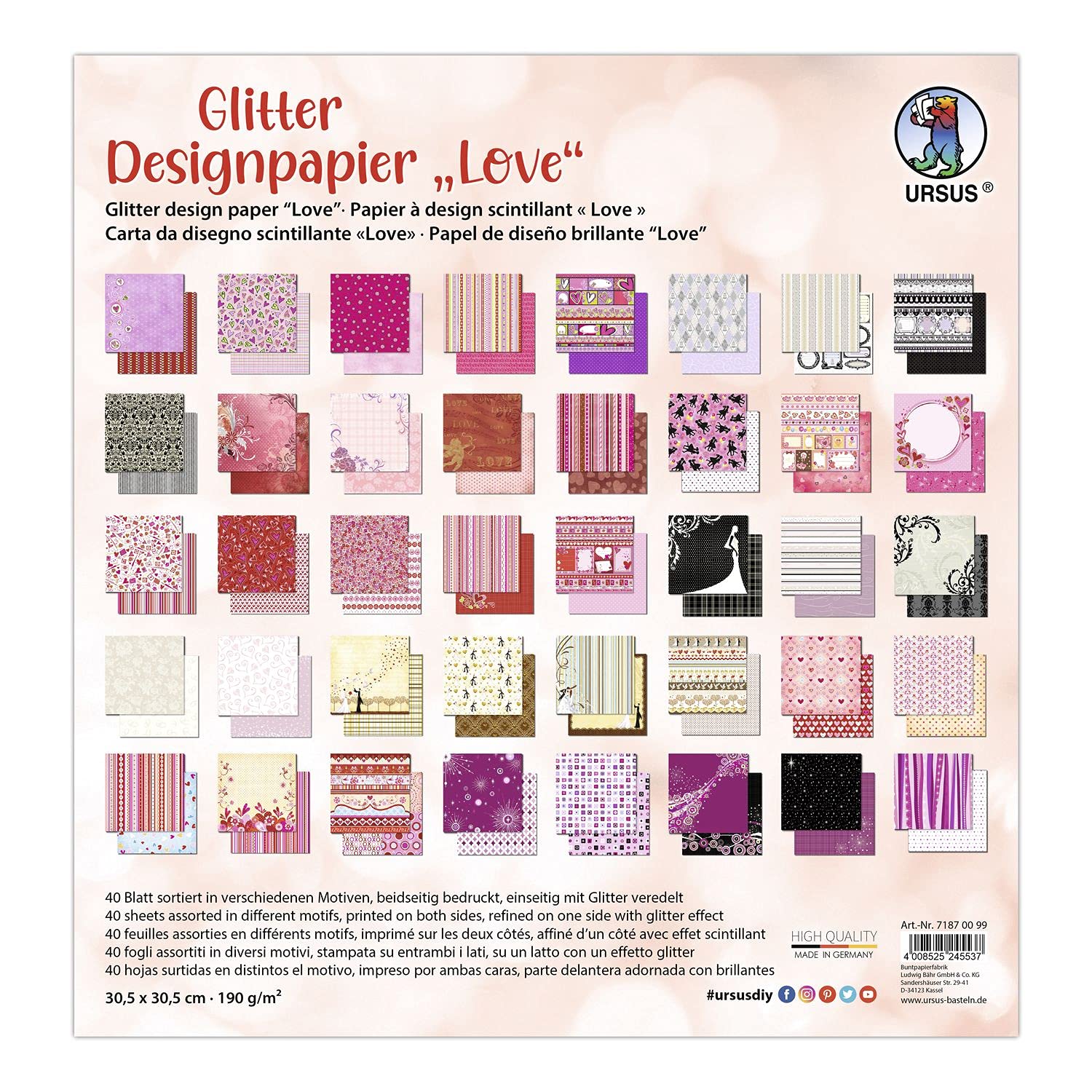 ursus-71870099-glitter-design-papier-love-40-blatt-30-5-x-30-5-cm-190-g-m-beidse image 1