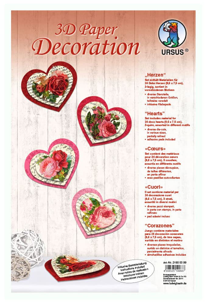 ursus-3d-paper-dekoration-herzen-rosa-rot-24-herzen image 1