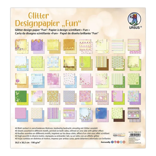 ursus-71860099-glitter-design-papier-fun-40-blatt-30-5-x-30-5-cm-190-g-m-beidsei image 1