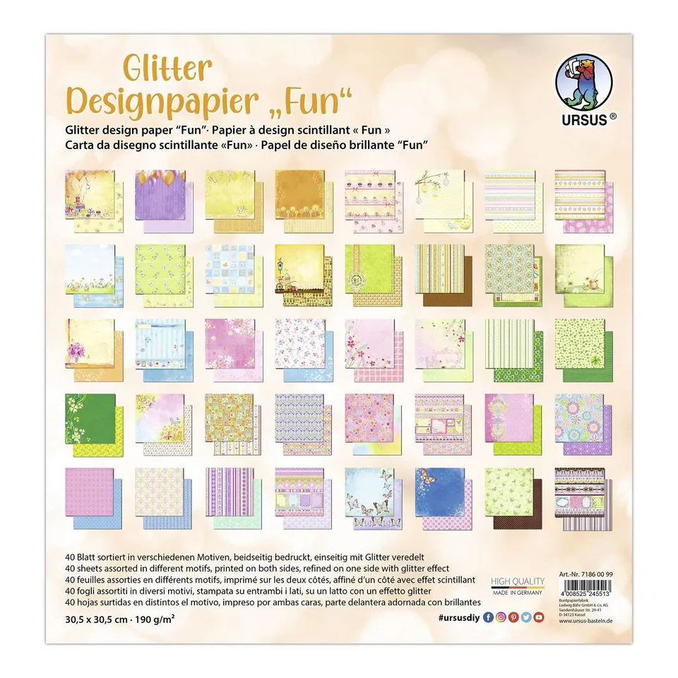 ursus-71860099-glitter-design-papier-fun-40-blatt-30-5-x-30-5-cm-190-g-m-beidsei image 1