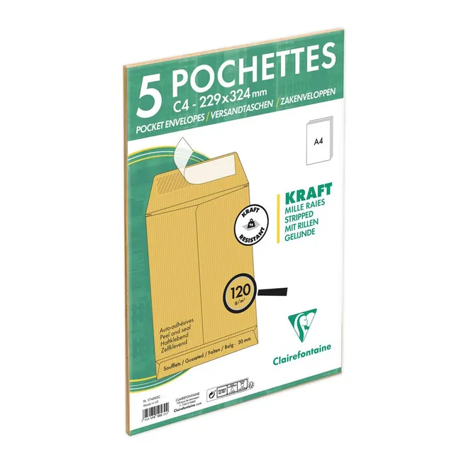 clairefontaine-174505c-versandtaschen-kraftbraun-c4-229x324-mm-120-g-5er-pack image 1