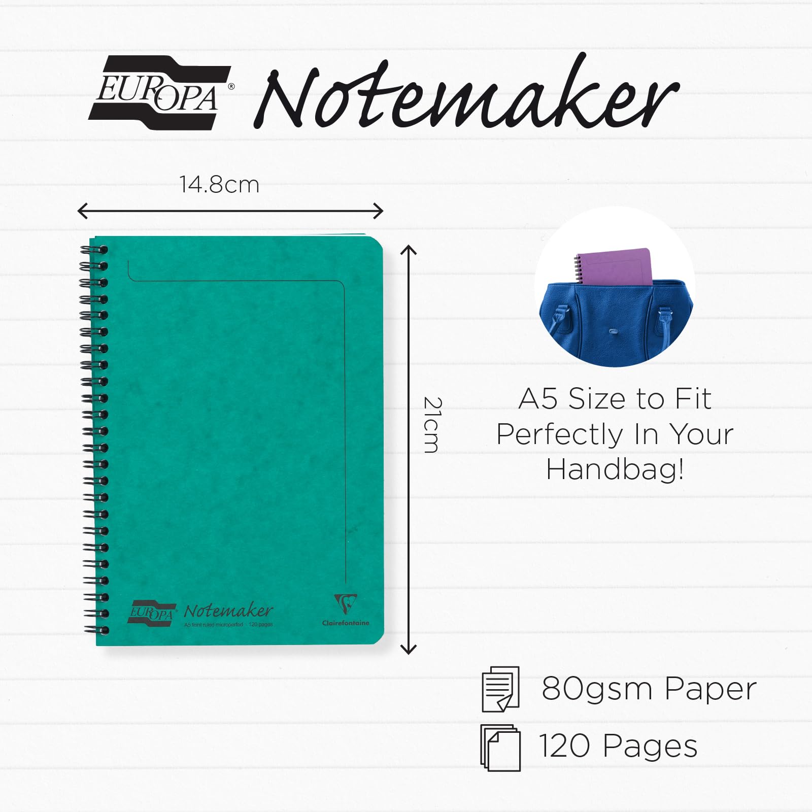 clairefontaine-europa-notemaker-spiralheft-14-8x21-cm-60-blatt-liniert-90g-gr-n image 4