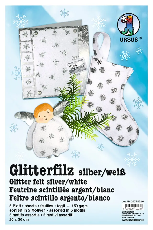ursus-20270099-glitter-filz-silber-wei-20-x-30-cm-5-bogen image 1