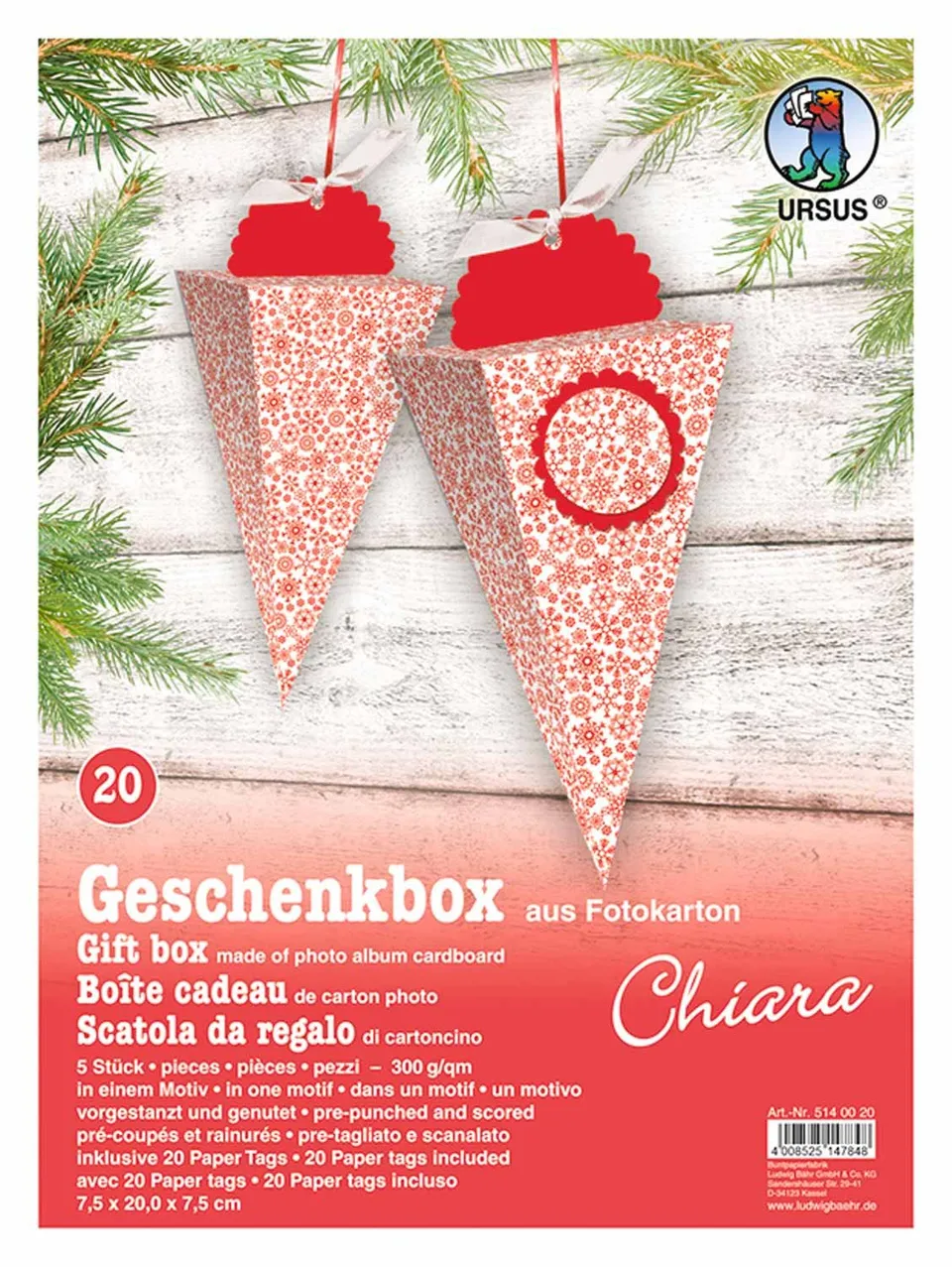 ursus-5140020-geschenkbox-chiara-schneestern-rot-5-st-ck-mit-tags image 1