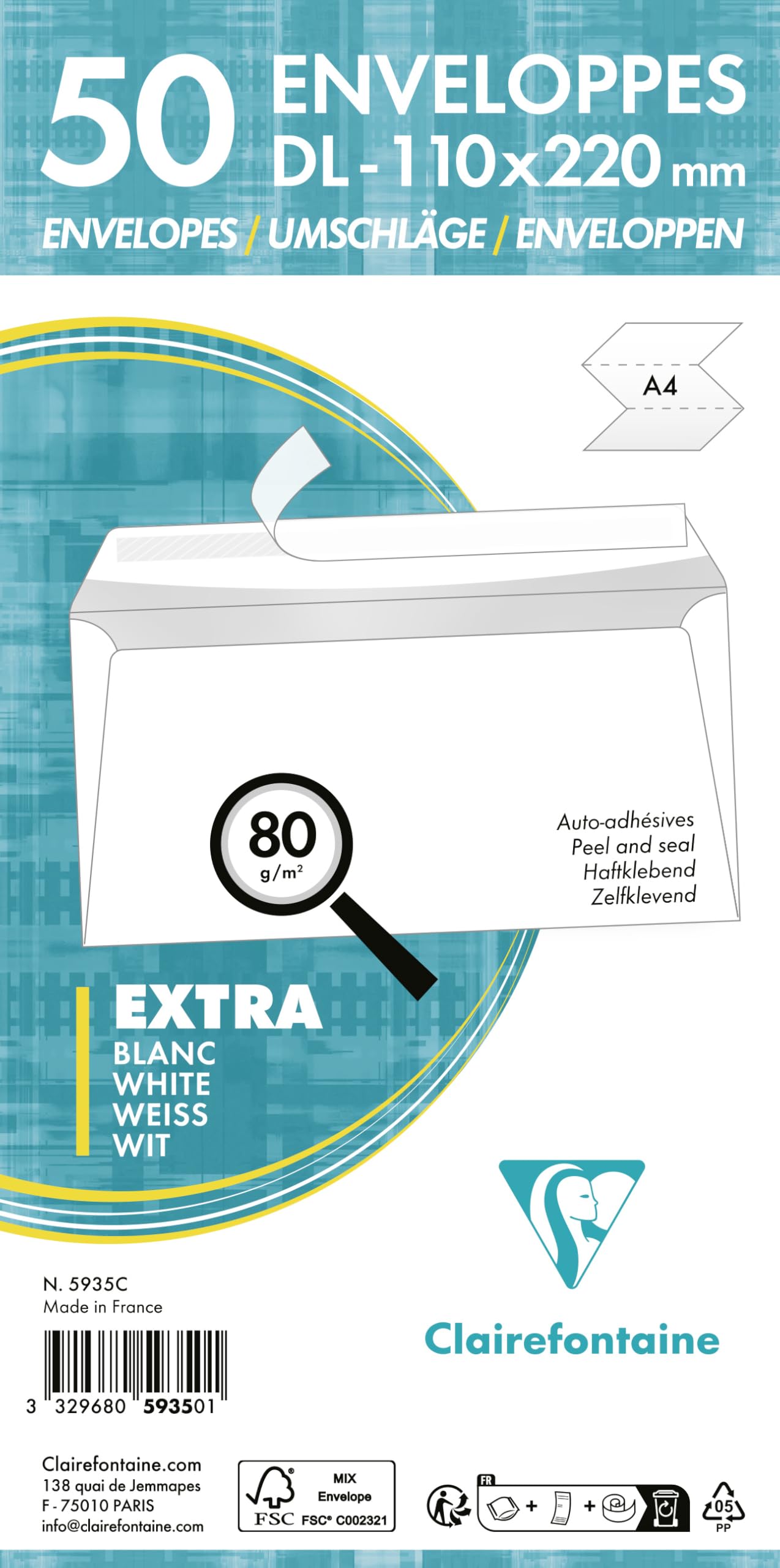 clairefontaine-umschl-ge-wei-dl-110x220mm-80g-50-st-ck-selbstklebend image 3