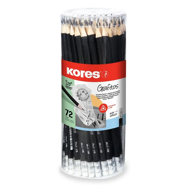 kores-grafitos-hb-bleistifte-dreieckig-mit-radierer-72er-pack image 1